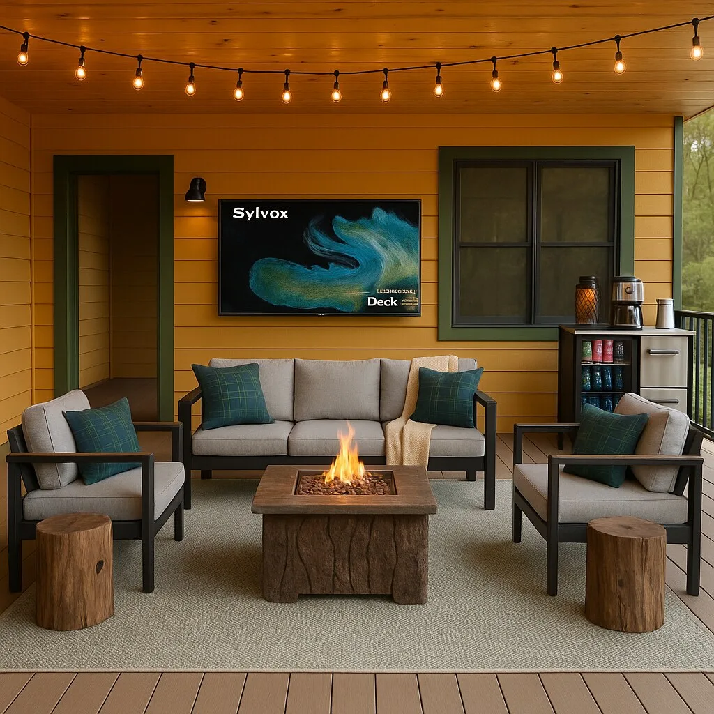 Covered porch with a fire table, outdoor TV and string lights