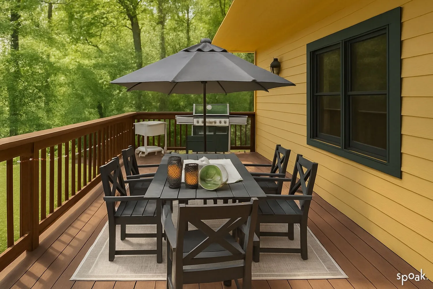 Deck with the grill and an outdoor dining table under an umbrella