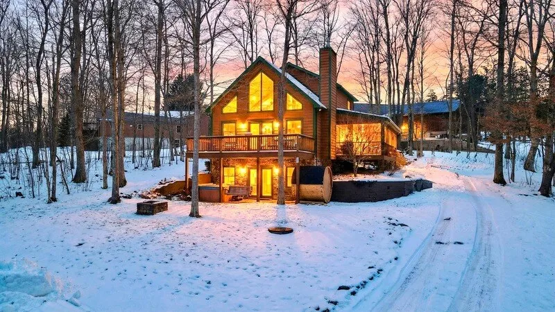 The house from the driveway at dusk