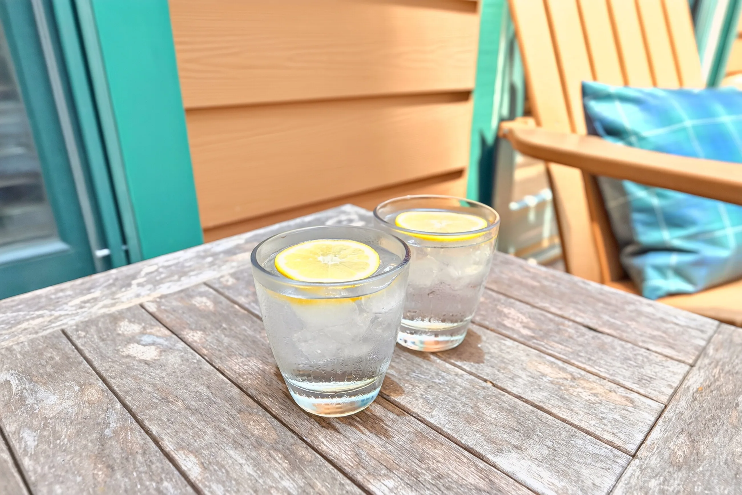 Cold drinks on the deck table on a summer afternoon